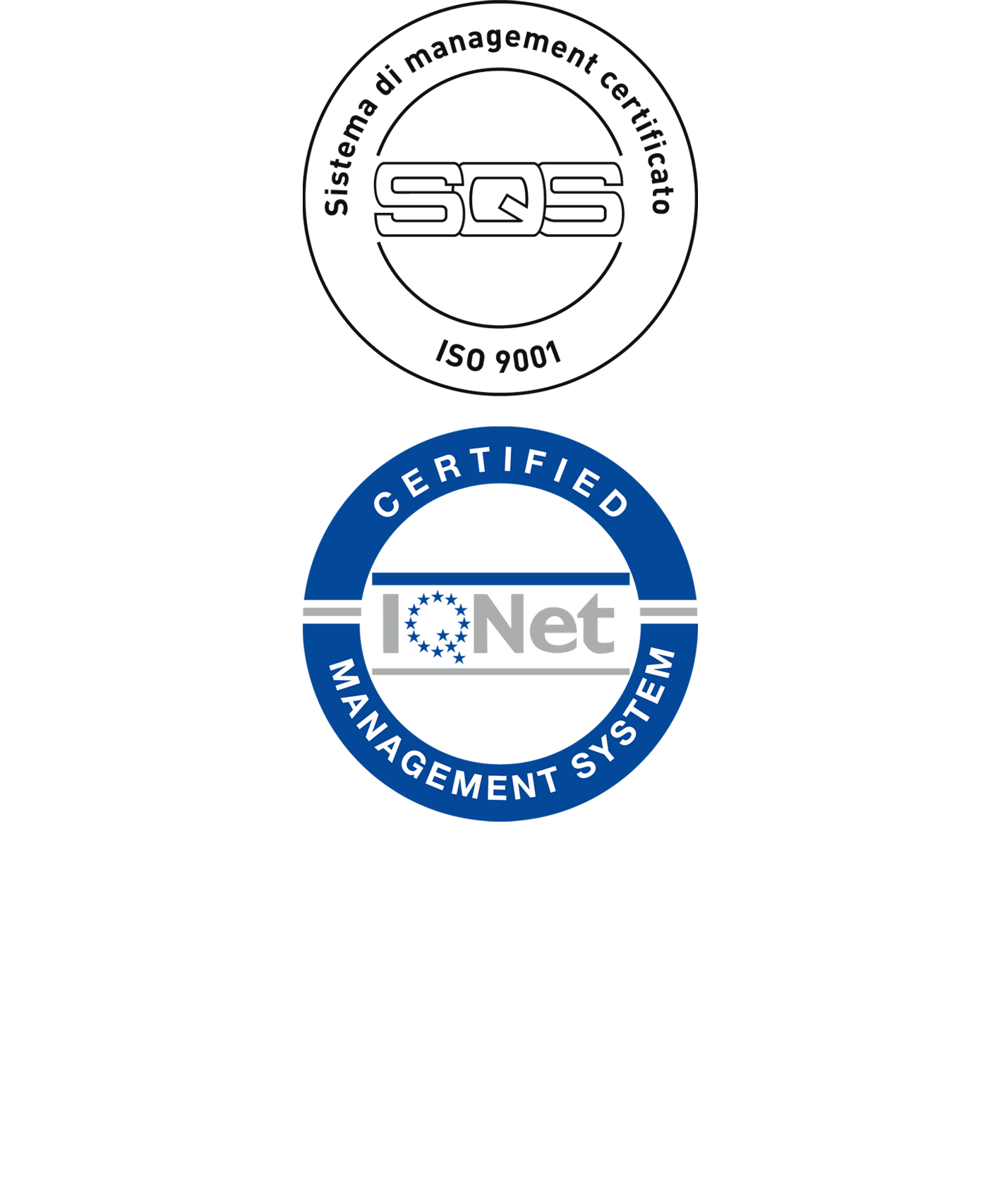 Sistema di management certificato - ISO 9001 logo, IQNet, Certified Management System logo